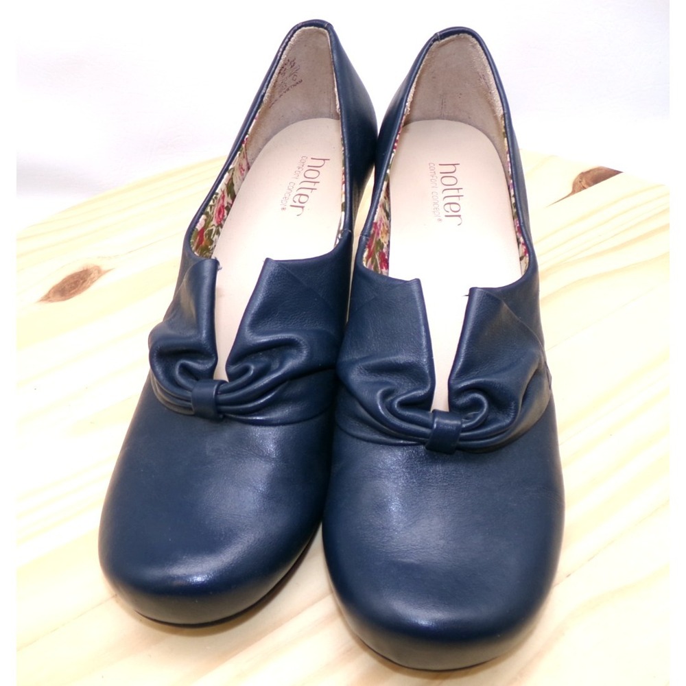 Hotter Donna Court Shoes Womens Navy Blue Sz 10 Leather Kitten‎ Heels Bow Detail